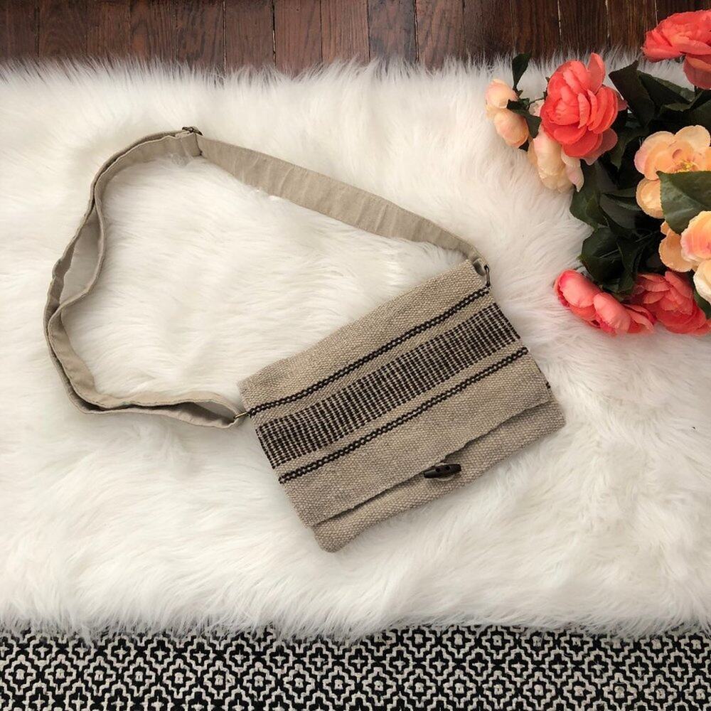 Jute Crossbody Bag Tan & Brown Stripes Zip Closure